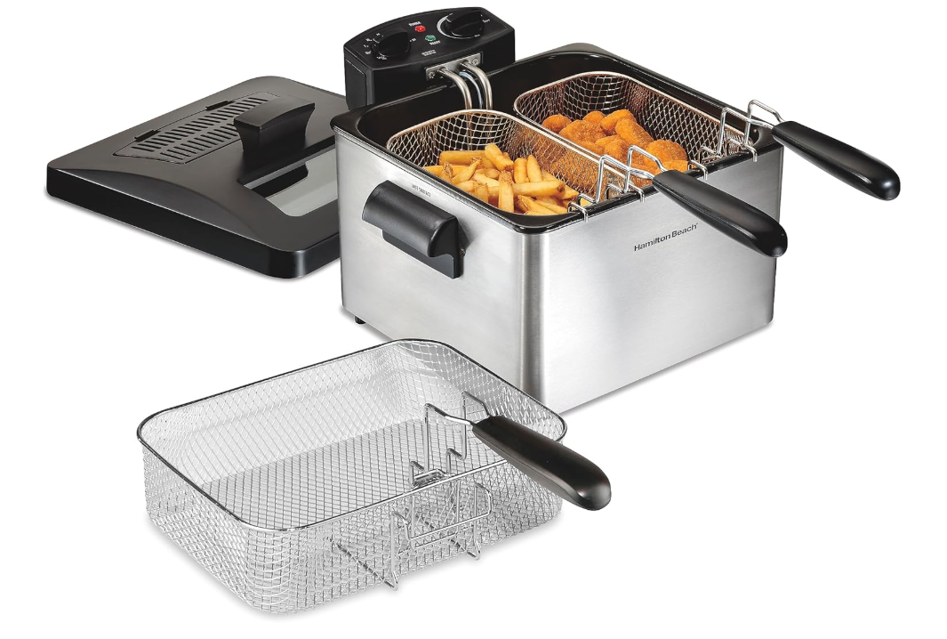 Hamilton Beach Electric Deep Fryer with 3 Baskets and Lid, 4.5 Liters / 19 Cups Oil Capacity, Temperature Control, View Window, Professional Style, 1800 Watts, Stainless Steel (35034)