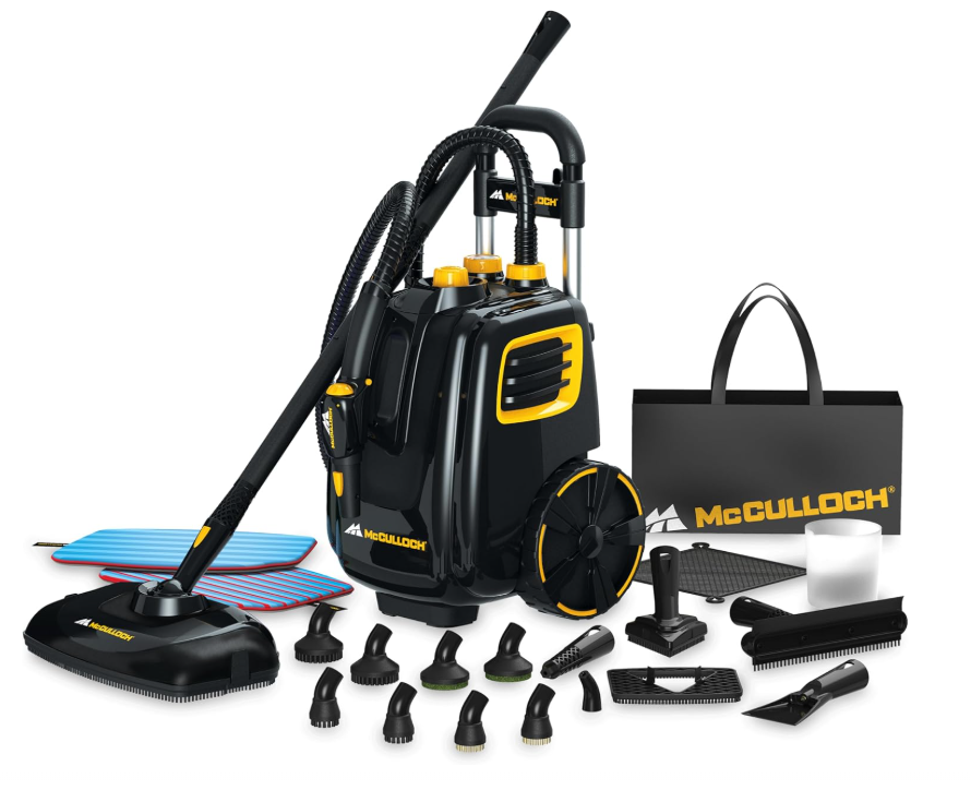 McCulloch MC1385 Deluxe Canister Steam Cleaner, 2-Hour Runtime, Chemical-Free, 23 Accessories: Mop Head, Brushes & More - Built for Home, Tile, Carpet, Furniture, & Personal Car Detailing