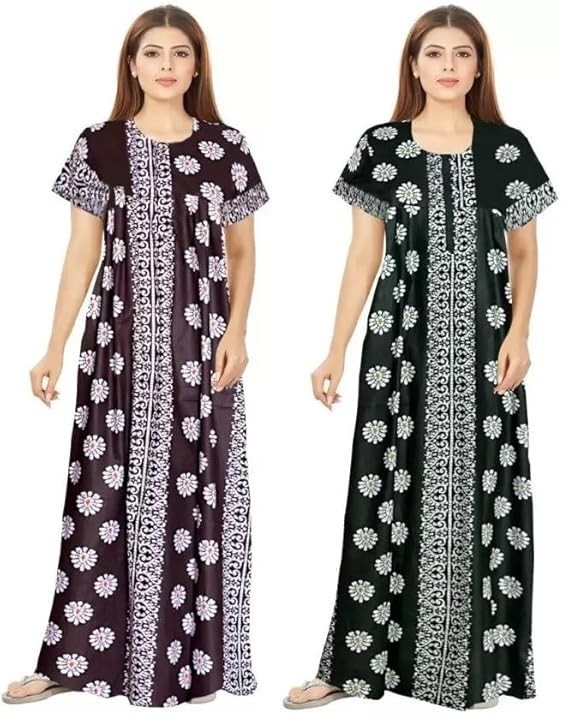 Keyocean Women's Cotton Printed Nighty Night Gown Maxi Free Size (Pack of 2)