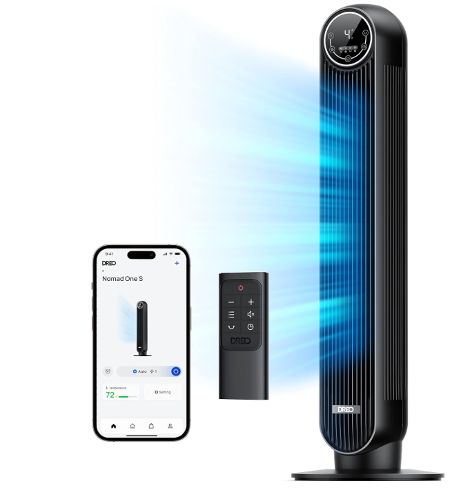 Dreo Tower Fan for Bedroom, Smart Oscillating Quiet Floor Fans, Standing Bladeless Fan with Remote and WiFi Voice Control, 4 Modes, 4 Speeds, 8H Timer, 28dB, Works with Alexa/Google