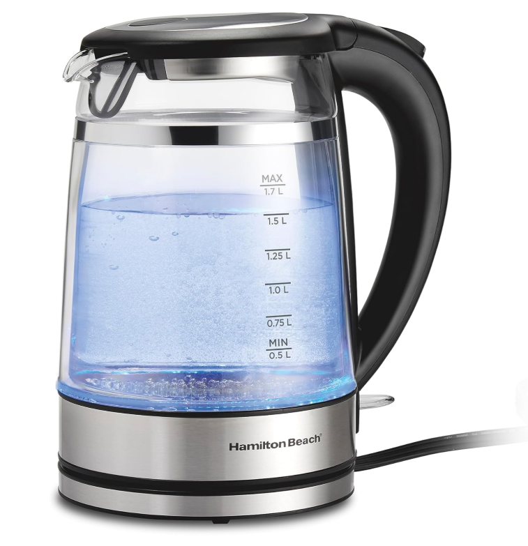 Hamilton Beach Double Wall 1.7L Electric Kettle, Water Boiler & Heater, Built-In Mesh Filter, Auto-Shutoff & Boil-Dry Protection, Cordless Serving, Variable LED Indicator, Glass (40850)
