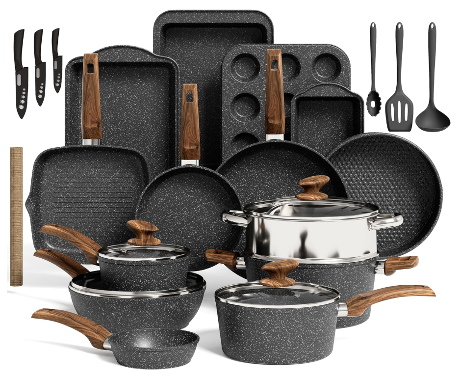 Kitchen Induction Cookware & Bakeware Set - 30 Piece Black Granite Cooking Pans Set, Non-Stick Pots and Pans Set