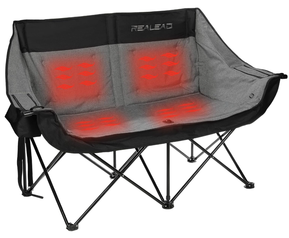REALEAD Heated Double Camping Chair, 3 Heat Levels and 4 Heating Zones, Portable Heated Loveseat Chair for Outdoor Sports Support 650lbs, Heating Folding Chairs for Outside, Battery NOT Included