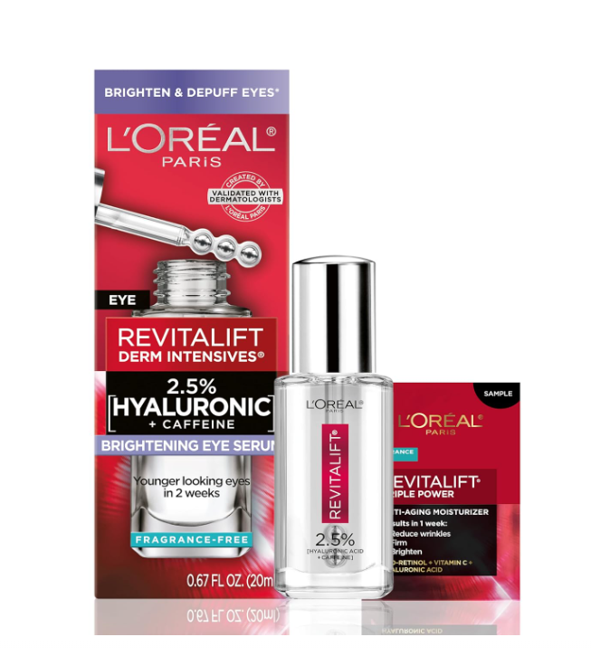 L'Oreal Paris Revitalift Hyaluronic Acid + Caffeine Hydrating Eye Serum for Dark Circles, Fragrance Free .67 fl. oz + Moisturizer Sample