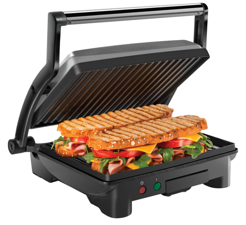 Chefman Panini Press Grill and Gourmet Sandwich Maker Non-Stick Coated Plates, Opens 180 Degrees to Fit Any Type or Size of Food, Stainless Steel Surface and Removable Drip Tray, 4 Slice, Black